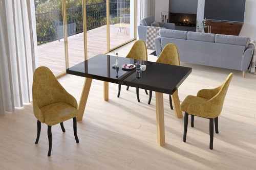 Stół RIVER 90x160 cm ( blat LACOBEL - buk, dąb ) krzesła MALI - aranżacja