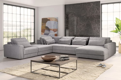 Narożnik BOURBON 1-H-EV3-EXT-2RF-M.REC + zestaw poduszek wysokich i niskich - aranżacja