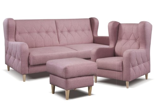 Zestaw wypoczynkowy PRADO ( kanapa z fotelem i pufą ) - bryła, front, bok